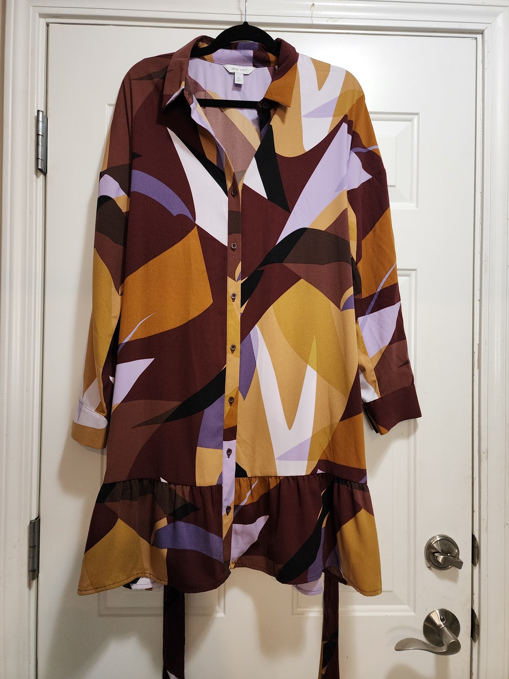 Nine West "Maddie" Abstract Mod Ruffle Hem Belted Shirt Dress Size XL